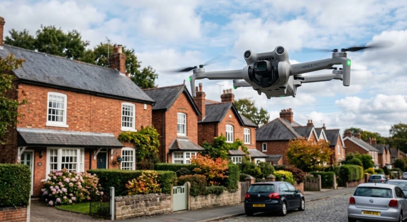 A drone above a residential street in the West Midlands