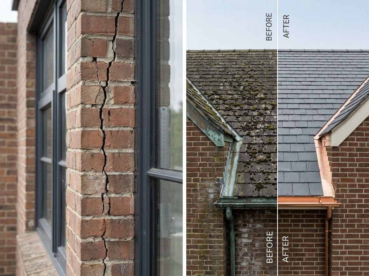 Close-up of brickwork and before-and-after roof imagery