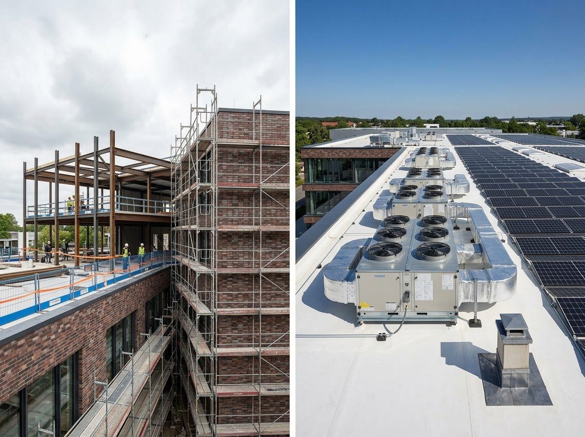 Commercial construction site and rooftop solar panels
