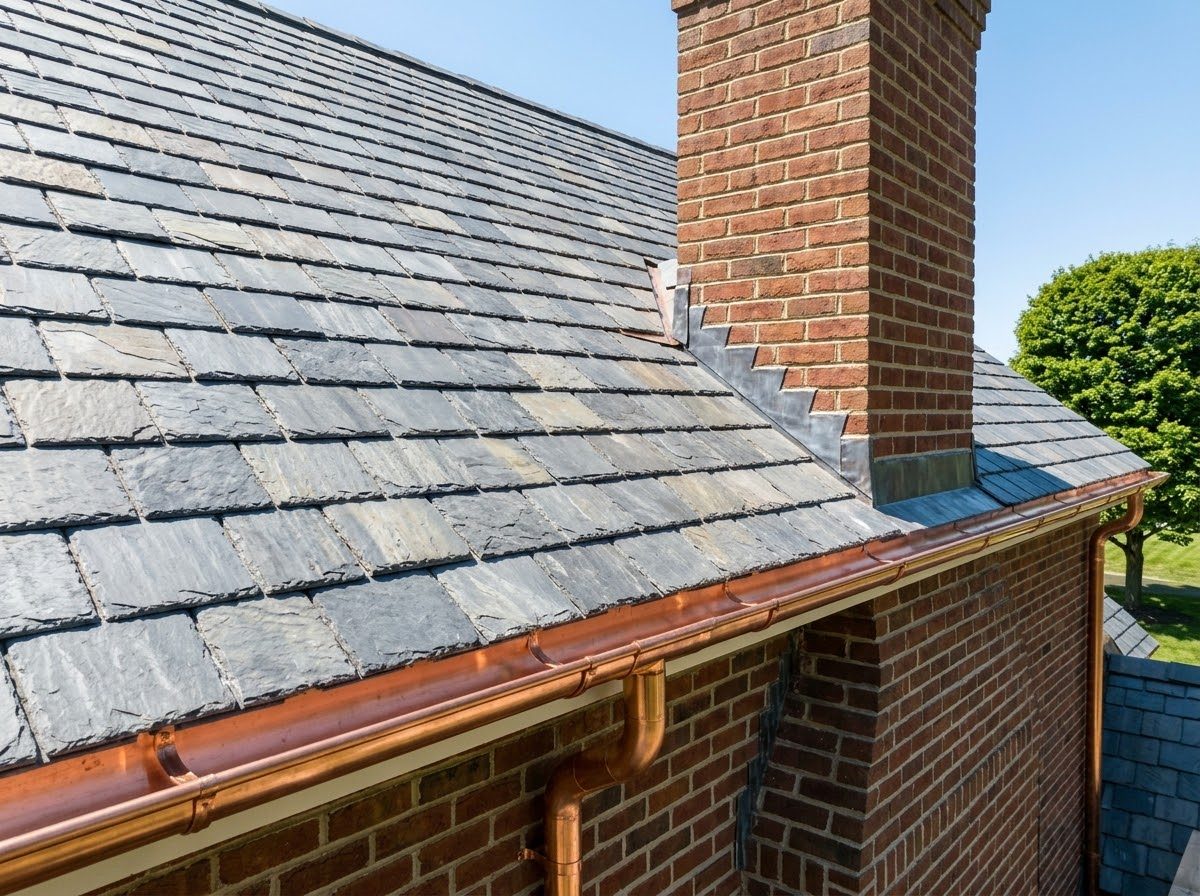 Slate roof, chimney and copper guttering viewed from above